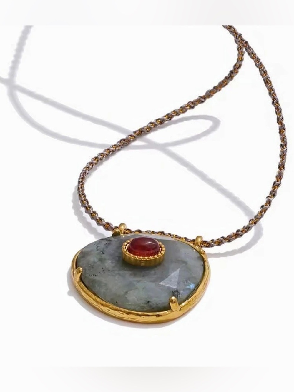 Gray Stone Pendant Necklace Red Accent Gold Tone Vintage Boho Statement Jewelry